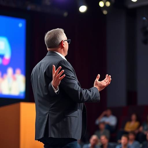 Imagem do curso de Oratória mostrando uma pessoa gesticulando em uma apresentaäão.